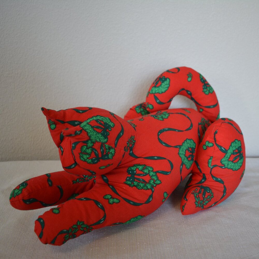Large red green Christmas Holiday stuffed decor plush cat Handmade Kitty pillow